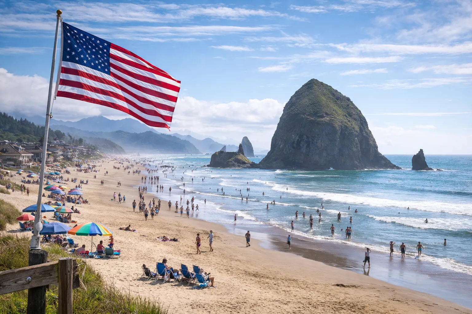 Cannon Beach with American flag and sea stacks