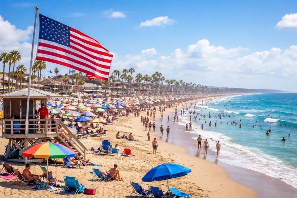 Sunny-beach-day-with-lifeguard-tower