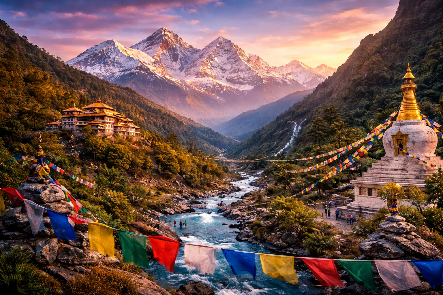 Sunrise over the Himalayas and monastery